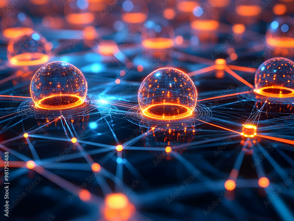 Poster abstract digital network with glowing spheres, showcasing interconnected technology and data exchang