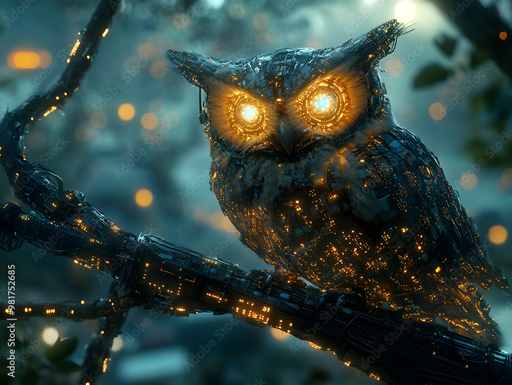 Poster a mystical owl perched on a branch, illuminated by glowing lights, creating a magical atmosphere at 