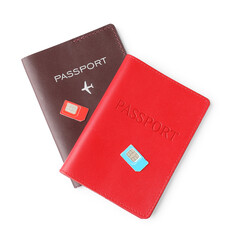 Passports and SIM cards isolated on white, top view