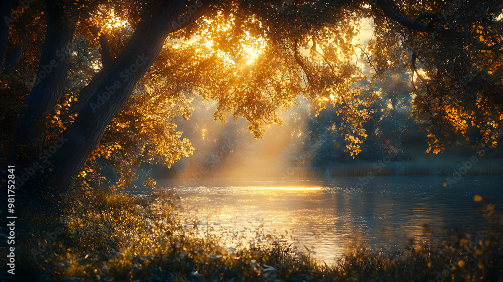 Poster a serene riverside view with golden sunlight filtering through lush trees, creating a peaceful and t