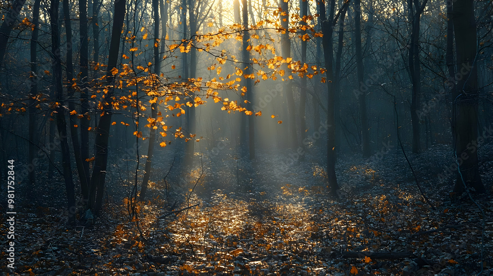 Poster a serene forest scene featuring soft golden light filtering through trees, creating a tranquil and e