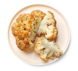 Delicious baked cauliflower isolated on white, top view