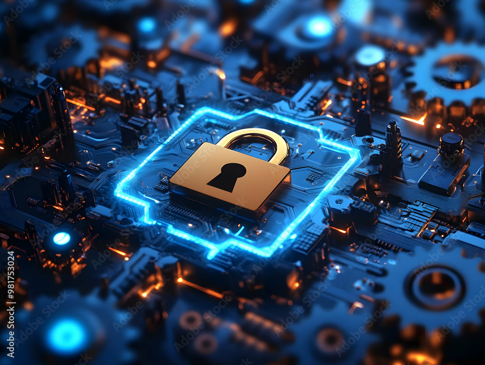 Aufkleber a digital representation of cybersecurity, featuring a golden lock symbol in a complex electronic ba