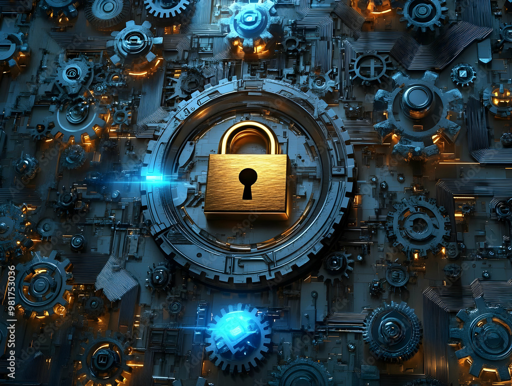 Aufkleber a high-tech lock symbolizing security on a backdrop of gears and glowing elements, representing digi