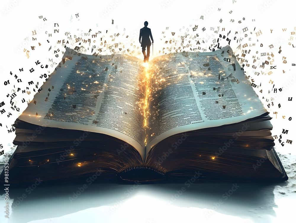 Poster a surreal image of a person emerging from a glowing open book surrounded by floating letters, symbol