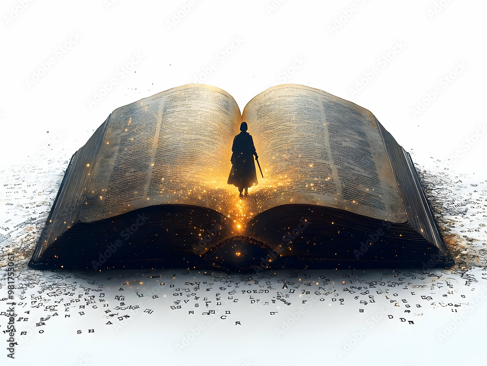 Poster a mystical scene depicting an open book with a solitary figure illuminated against a backdrop of glo