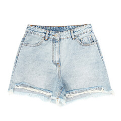 Stylish light blue denim shorts isolated on white, top view