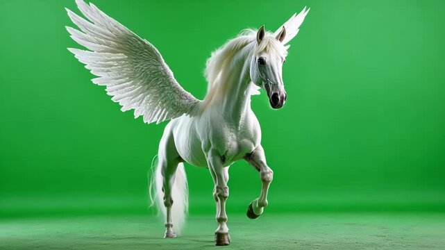 Majestic white horse with large feathered wings standing on a green screen background, perfect for fantasy or mythological projects