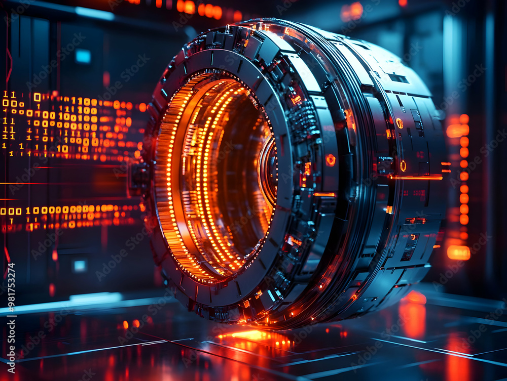 Poster futuristic technology concept featuring a glowing orb and digital patterns, representing advanced da