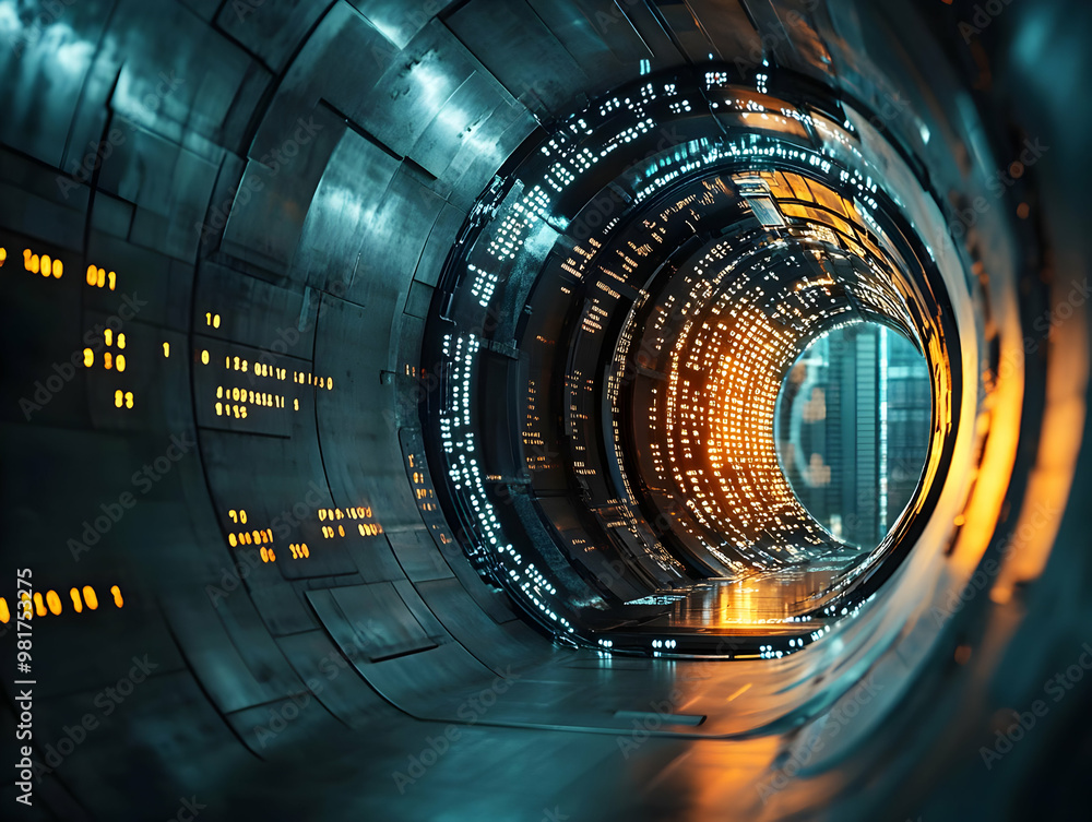 Poster futuristic tunnel with glowing lights and abstract patterns, creating a sci-fi atmosphere for imagin