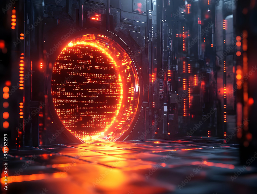 Poster futuristic portal surrounded by glowing circuitry, creating a mystical atmosphere in a sci-fi enviro