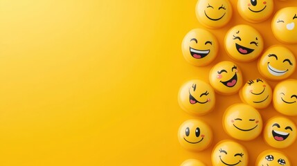 A smooth yellow gradient backdrop with a cluster of various smiley faces arranged in a playful pattern evoking happiness