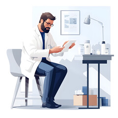 Doctor Examining Prescription in Office with Medicine Bottles