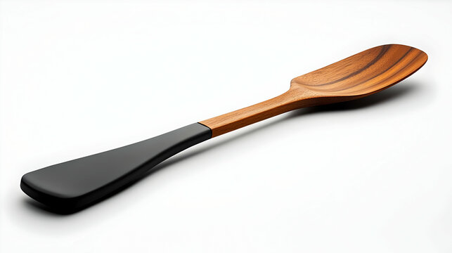 Elegant wooden spoon with a sleek black handle, perfect for cooking and serving. Ideal for kitchen and culinary projects.