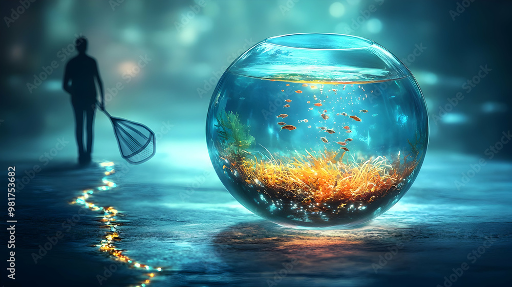 Poster a serene scene of a person with a net and a glowing fishbowl, illuminated by sparkling lights creati