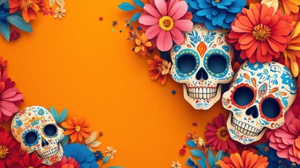A festive backdrop with traditional Mexican colors decorated with sugar skulls and flowers perfect for highlighting a party invitation or product ad