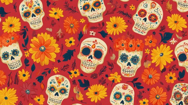 A seamless pattern of sugar skulls decorated with tiny chrysanthemums and intricate Mexican motifs set against a bold festive background