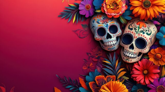 A lively backdrop with vibrant Mexican colors sugar skulls and decorative elements leaving room for text or promotional content