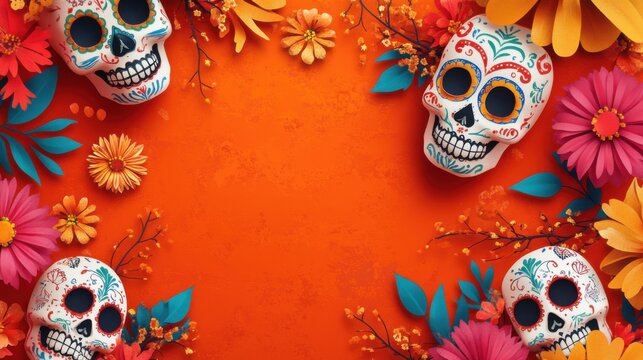 A lively backdrop with vibrant Mexican colors sugar skulls and decorative elements leaving room for text or promotional content
