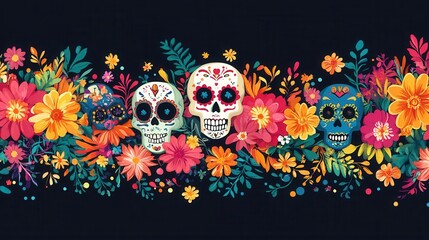 A fun and festive backdrop featuring colorful sugar skulls and flowers leaving space for text or advertising a party or product
