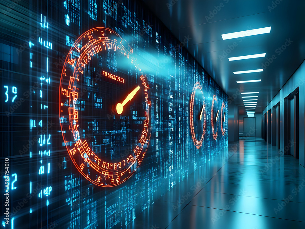 Poster futuristic hallway with digital displays and glowing gauges, representing advanced technology and da