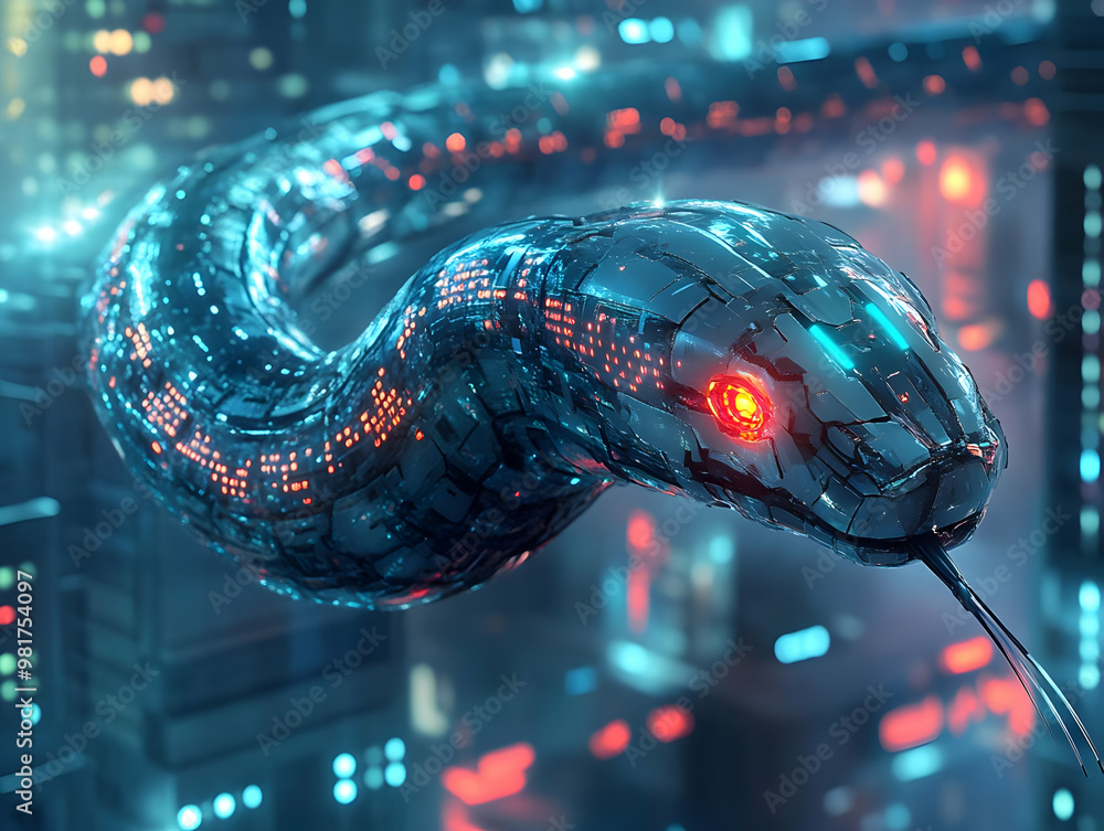 Poster futuristic robotic snake hovering above a neon cityscape, showcasing advanced technology and mesmeri