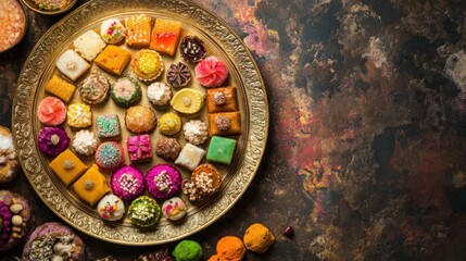 Fototapeta premium A top view of a luxurious spread of colorful Diwali sweets arranged elegantly on a golden plate with a rich textured background