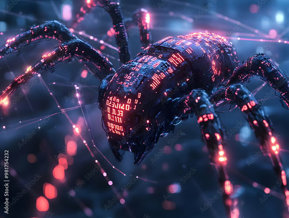 Poster a futuristic digital spider composed of glowing binary code, representing technology and innovation 