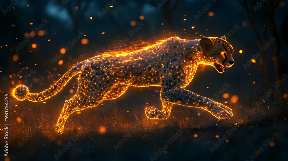 Poster a mesmerizing image of a glowing leopard sprinting through a mystical forest, illuminated by etherea