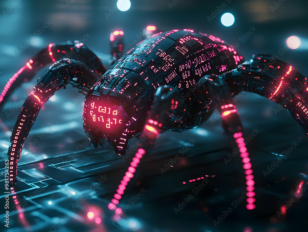Poster futuristic robotic spider with glowing circuits and binary code, showcasing technology and innovatio
