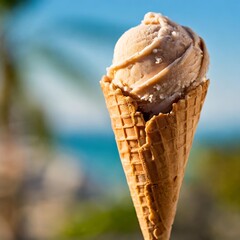Isolated ice cream cone with depth of field against a clear summer day background