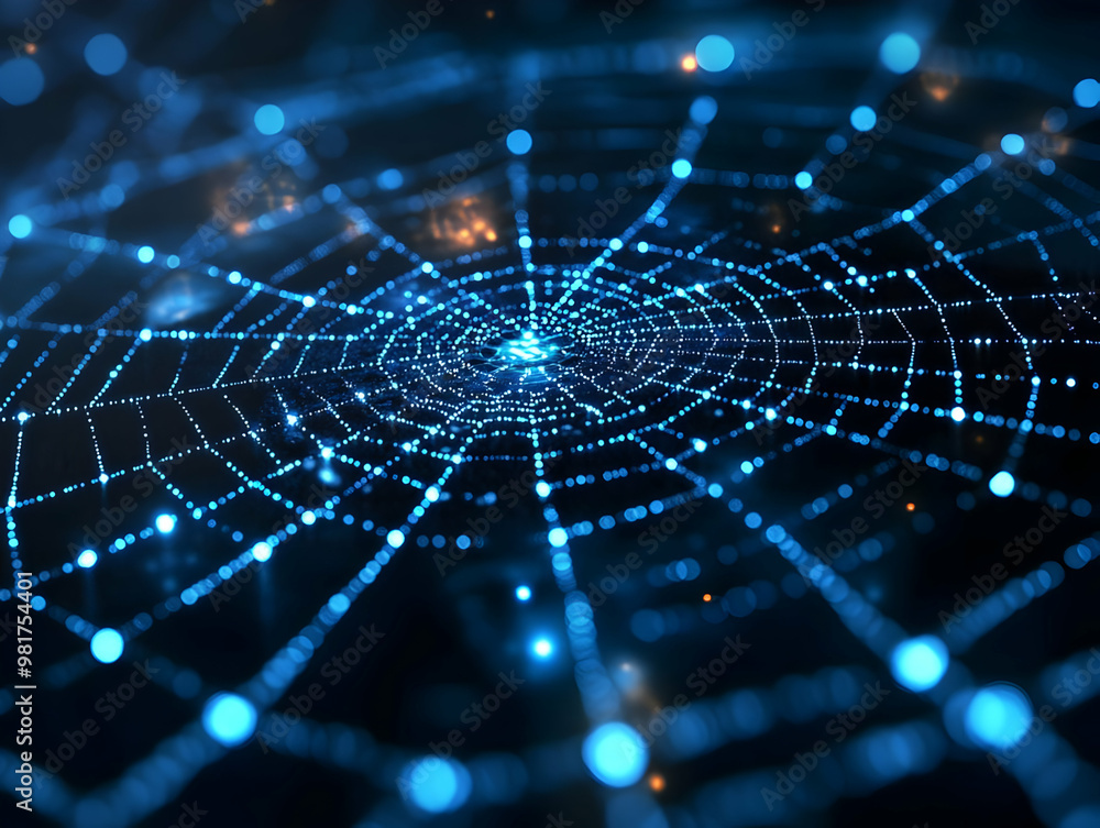 Poster a captivating close-up of a glowing web, showcasing intricate patterns and ethereal lights against a