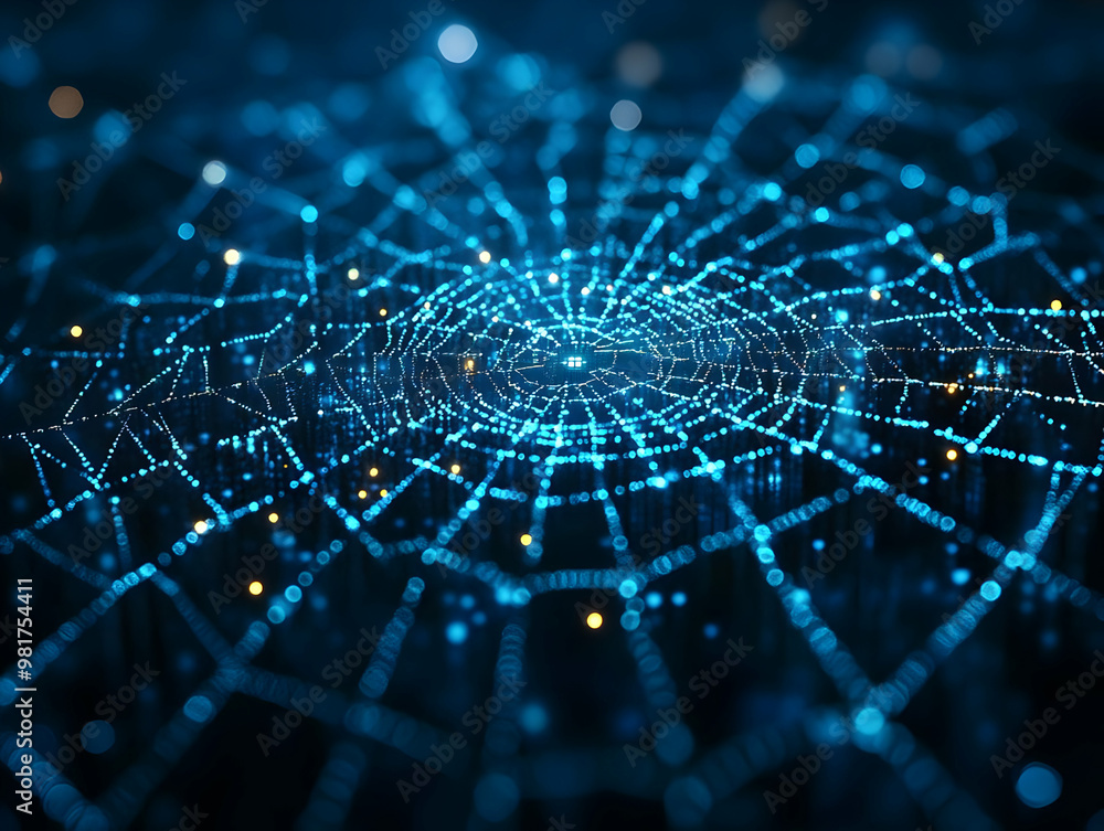 Poster a mesmerizing close-up of a glowing blue web, showcasing intricate patterns and light reflections in