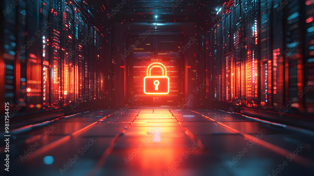 Aufkleber a futuristic data center with a glowing padlock, symbolizing cybersecurity and digital protection in