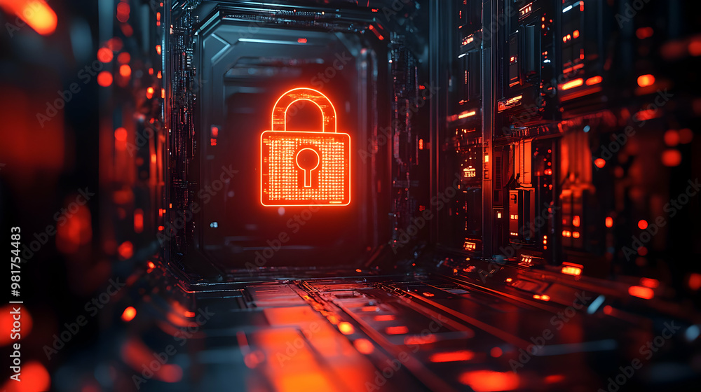 Poster futuristic digital corridor featuring a glowing red padlock, symbolizing cybersecurity and data prot