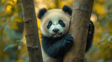 Obraz premium Cute Panda Climbing Bamboo Trees in a Forest with Green Leaves and Blurred Background – High-Definition Wildlife Photography