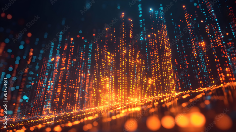 Poster abstract digital landscape with vibrant lights and data streams, representing innovative technology 