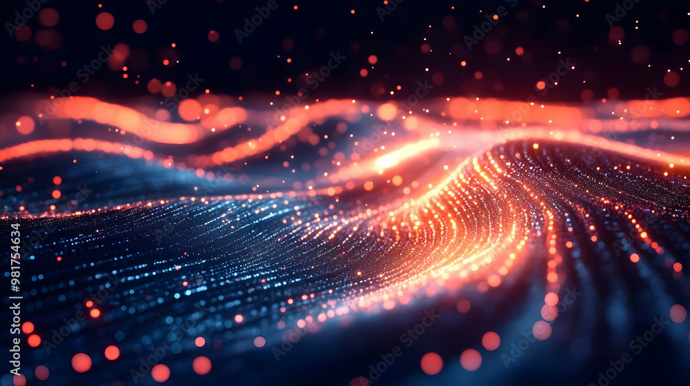 Poster abstract digital waves with glowing particles creating a vibrant flow of colors in a mesmerizing 3d 