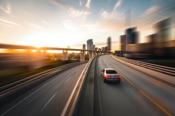 Fototapeta premium Car speeds on elevated highway, golden sunset highlighting urban motion blur scene
