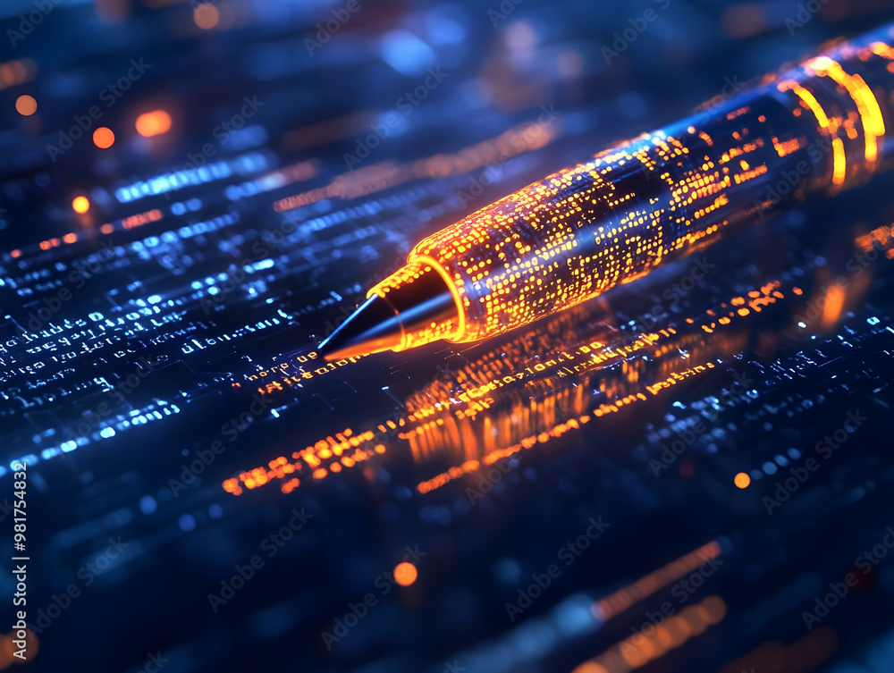 Poster futuristic pen resting on glowing binary code, symbolizing innovation in technology and communicatio