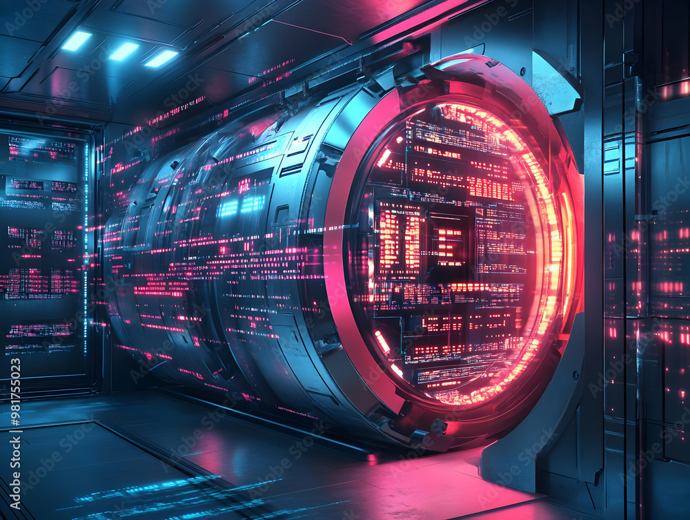 Aufkleber futuristic portal with neon lights and digital patterns, set in a sci-fi environment, evoking themes