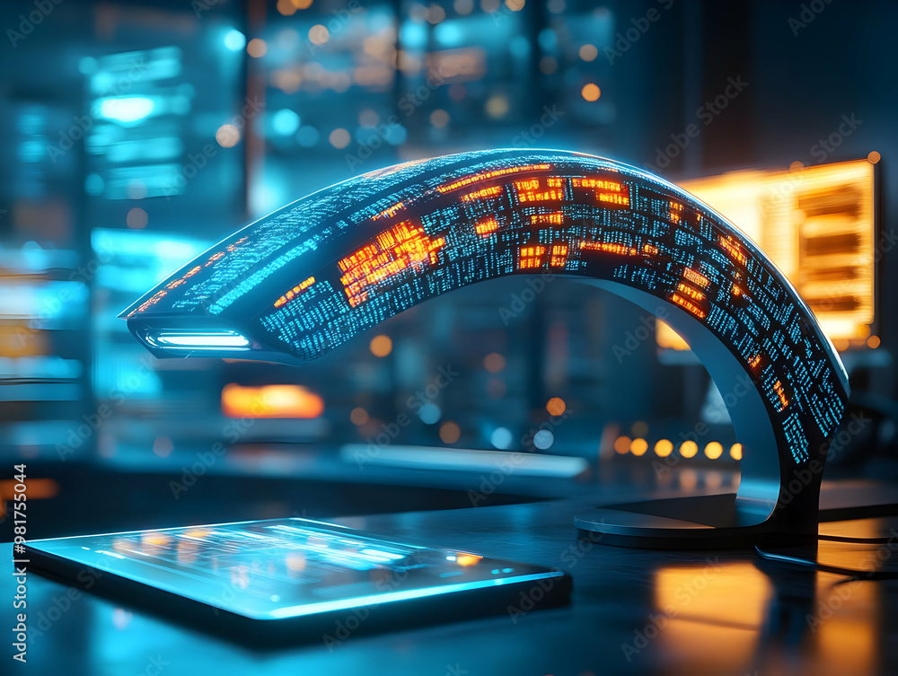 Poster futuristic technology display with glowing data and sleek design in a digital workspace, showcasing 