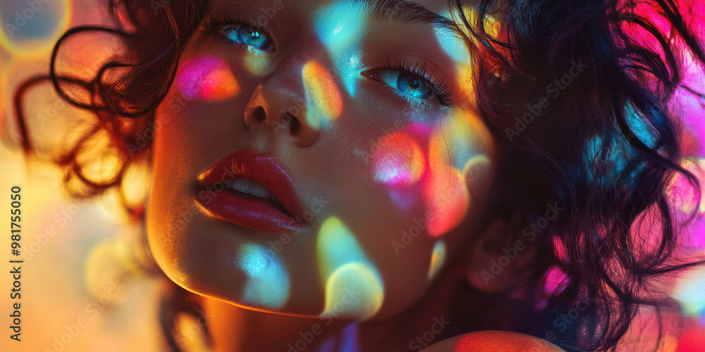 Poster close up portrait of person with curly hair, illuminated by colorful bokeh lights, creating vibrant 