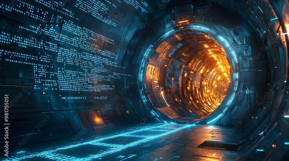 Poster a futuristic tunnel illuminated with blue and orange lights, showcasing digital patterns and a sense