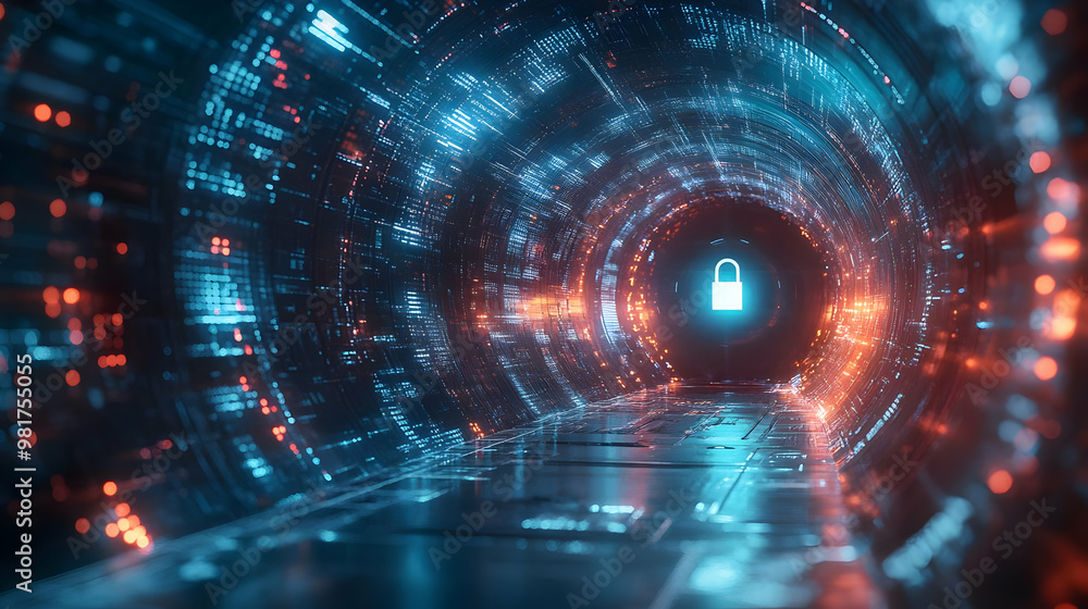 Aufkleber a futuristic tunnel of glowing data streams with an iconic lock symbol, representing cybersecurity a