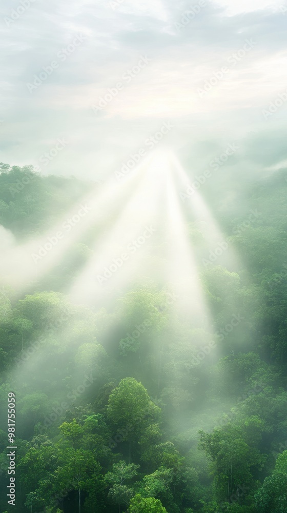 Canvas Prints a forest with a cloudy sky and a bright sun shining through the trees