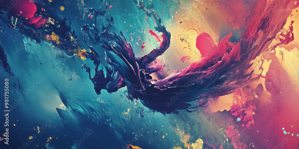 Poster vibrant abstract art featuring swirling colors and dynamic shapes, creating sense of movement and en