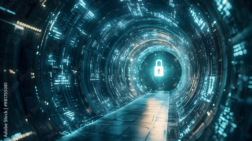 Poster a futuristic tunnel with digital patterns and a glowing lock symbol, representing security and techn