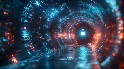 Obraz premium A futuristic tunnel of glowing data streams with an iconic lock symbol, representing cybersecurity and digital protection.