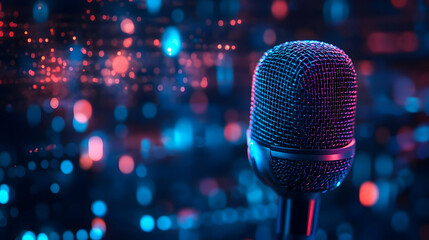 Close-up of a microphone with a colorful bokeh background, perfect for music, podcasting, or recording themes.